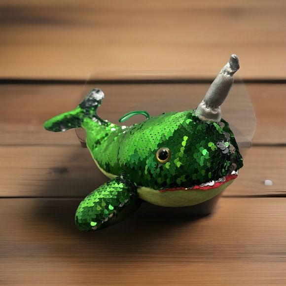 Reversible Sequin Narwhal Plush Green Silver Stuffed Animal Toy Flip Sparkle! - Picture 1 of 8